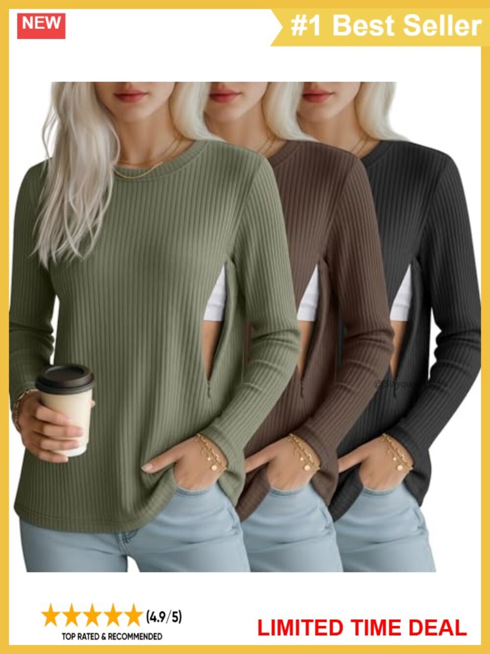 3 Pack Womens Long Sleeve Nursing Shirts Ribbed Knit Breastfeeding Tops